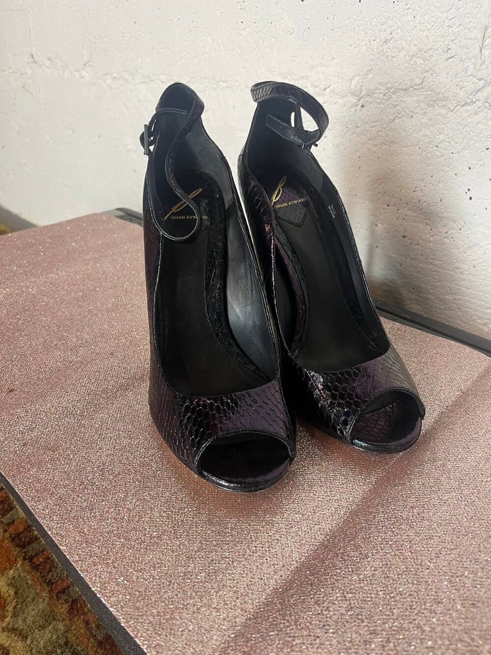 B Brian Atwood Florida Peep Toe, Ankle Strap, Iridescent, Snake Skin Pump